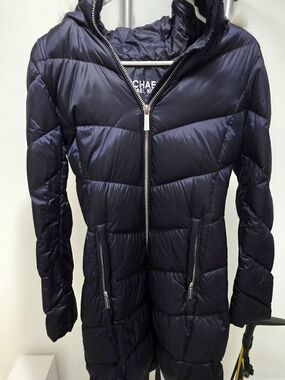 Michael Kors Navy Quilted Long Puffer Coat with Hood